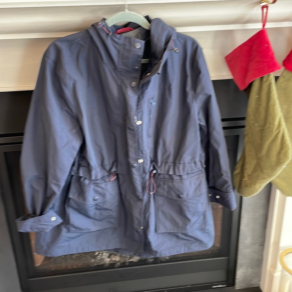 J. Crew Perfect Raincoat Hooded Pockets Bright Watercolor Navy Blue Large